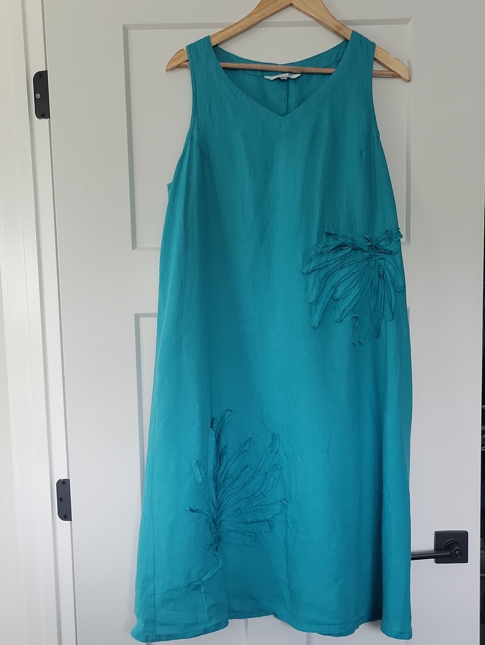 Kleen 100% Linen Sleeveless Turquoise Maxi Dress with Textured Floral Details